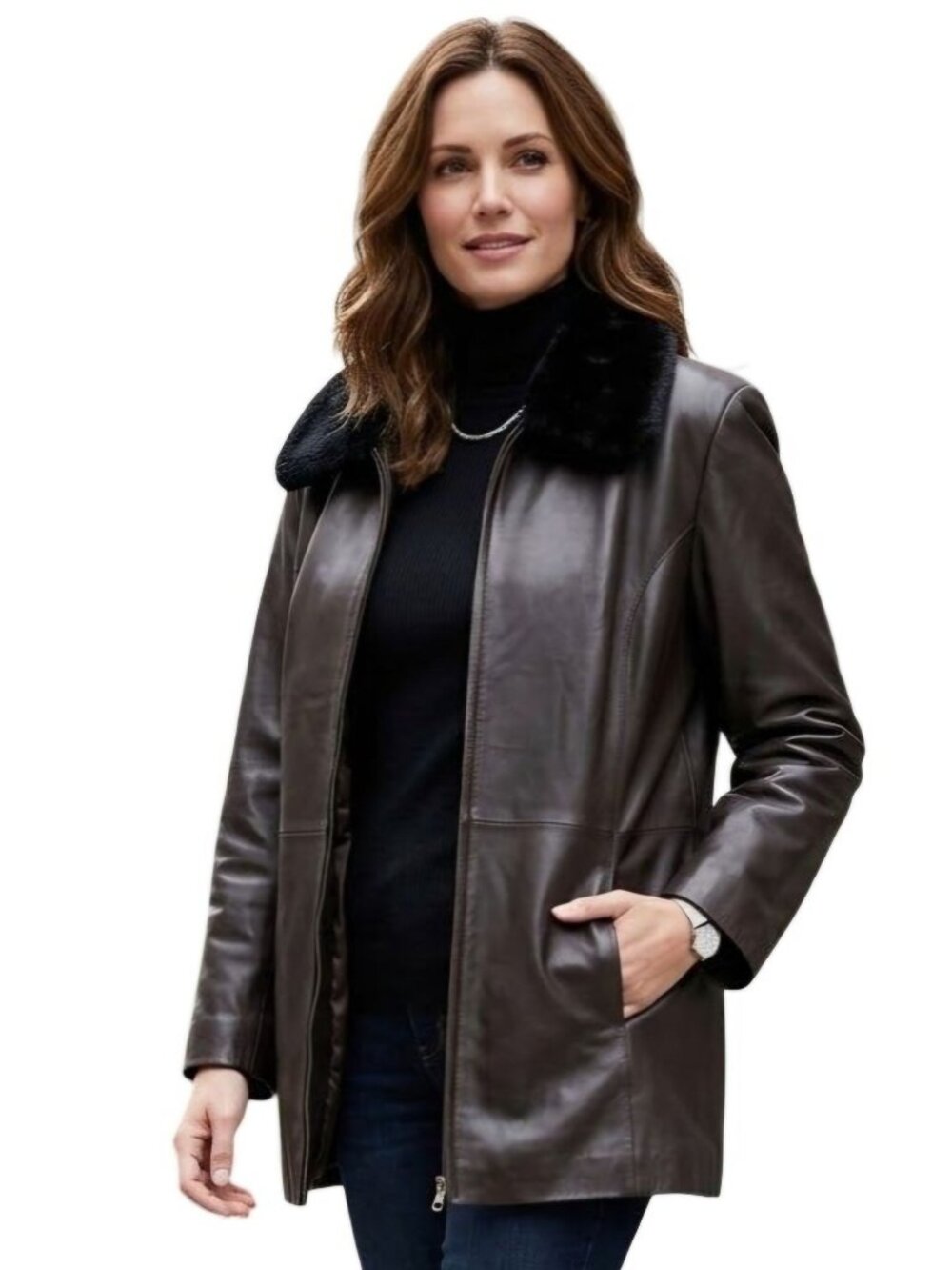 Centigrade Leather Espresso Brown Black Removable Faux Fur Collar Jacket Size L